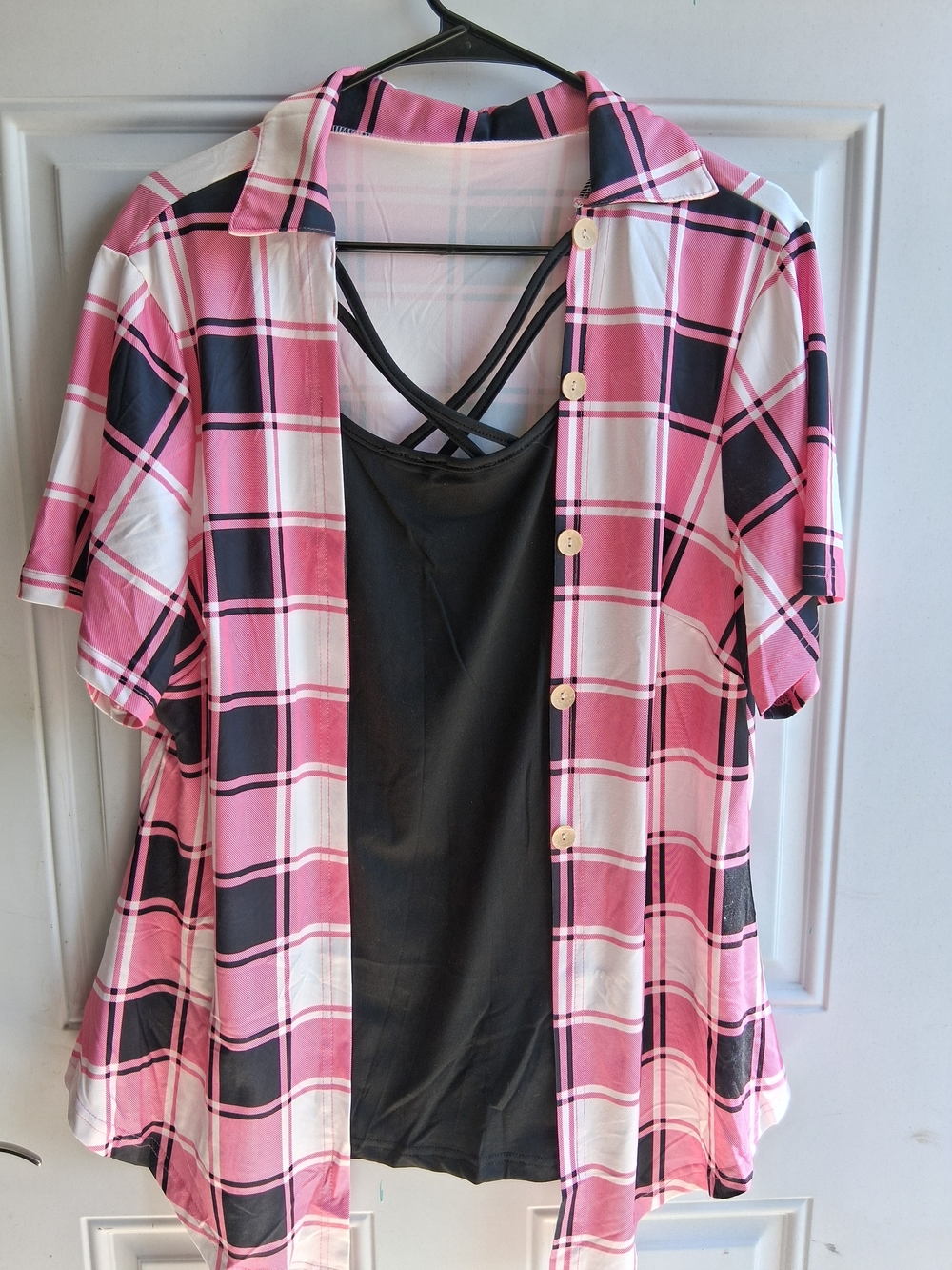 SHEIN Curve Pink and Black Plaid Short-Sleeve Shirt